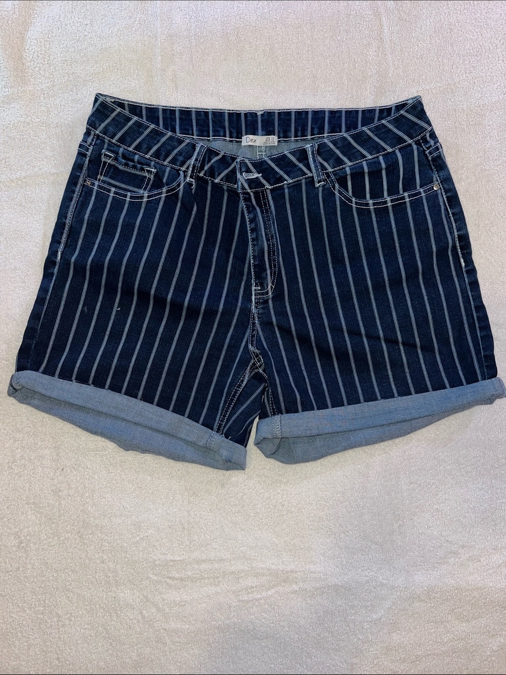 Dex Navy and White Pinstripe Roll-Cuff Denim Shorts